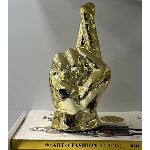 Ceramic FINGERS CROSSED Statue Decorative Figurine Gold Good Luck Home Decor - Picture 7 of 10
